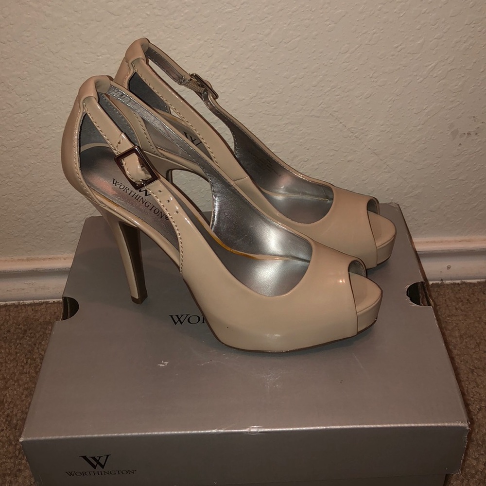 Nude open toe heels